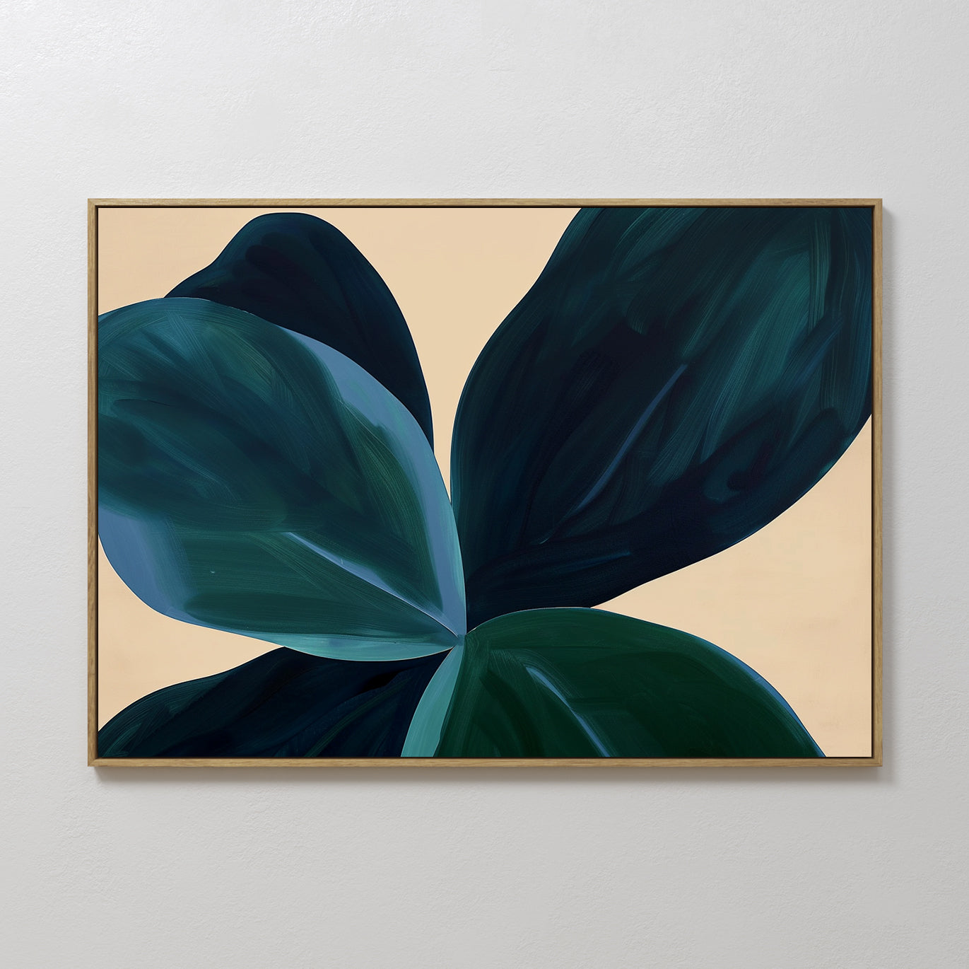 The Deep Navy Abstract Canvas Art is a framed piece featuring large overlapping dark green and blue leaves on beige, making it perfect minimalist wall art that adds a sophisticated touch to your living room decor.