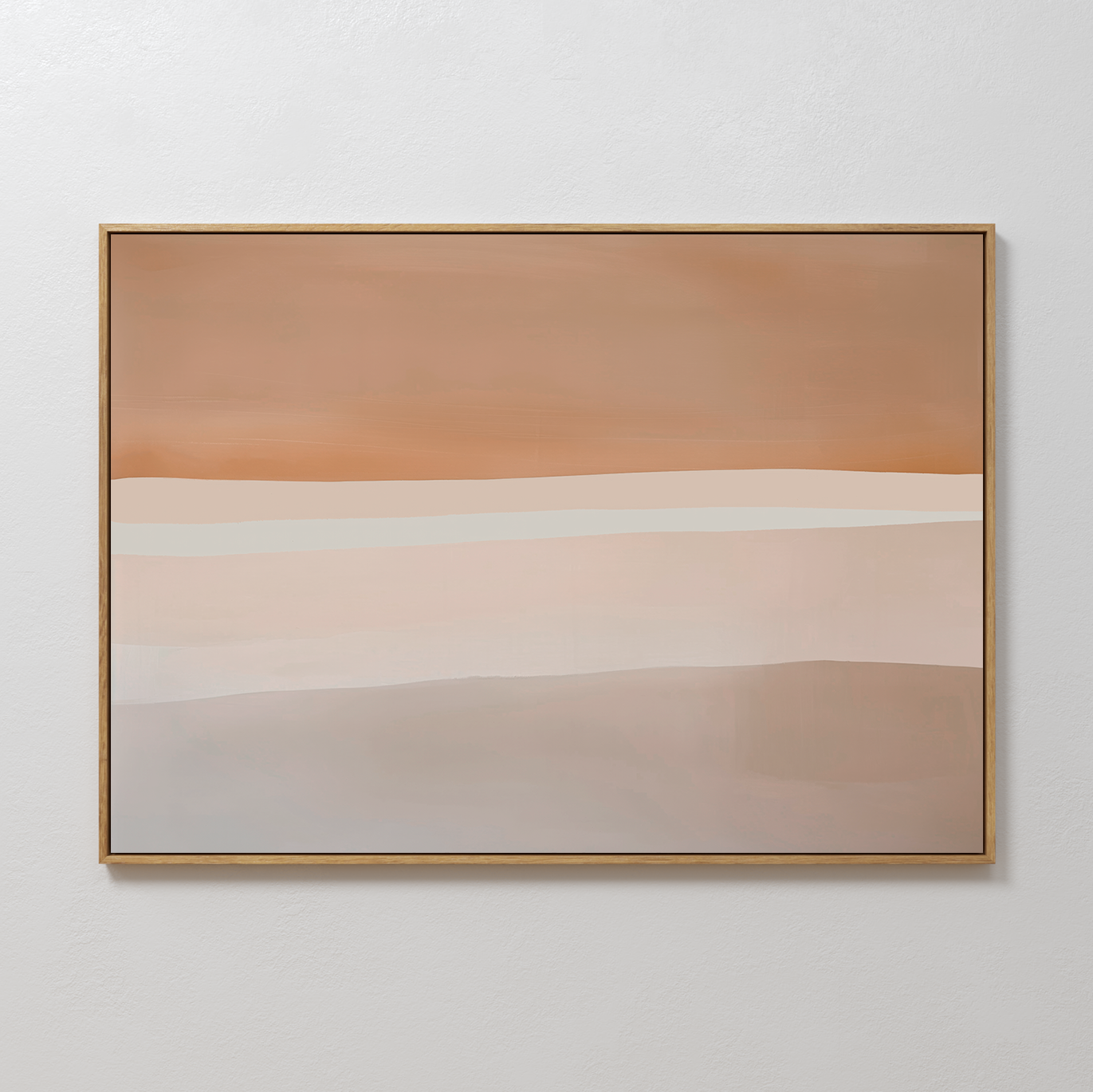 The Saharan Lines Abstract Canvas Art in a gold frame features horizontal bands of beige, tan, rust, and cream, creating a serene statement as large wall art against a crisp white wall.