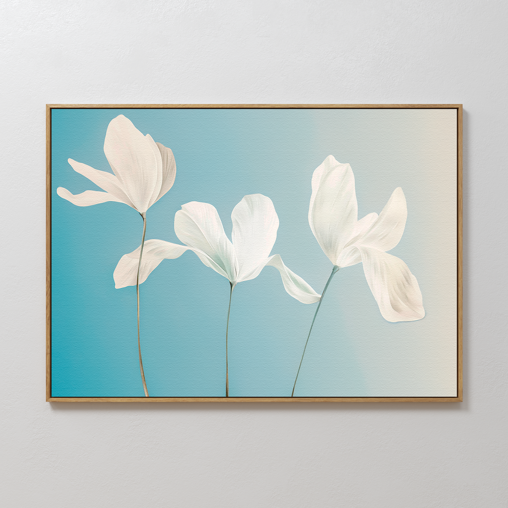 Stellar Flora Abstract Canvas Art features three delicate white flowers with long stems on a blue-to-pale gradient, adding a soft, modern, minimalist touch—perfect for elevating your living room decor.