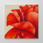 Red Elegance Abstract Canvas Art features a close-up of vibrant red petals overlapping on a beige background, displayed on a white wall—ideal minimalist wall art for stylish living room decor.