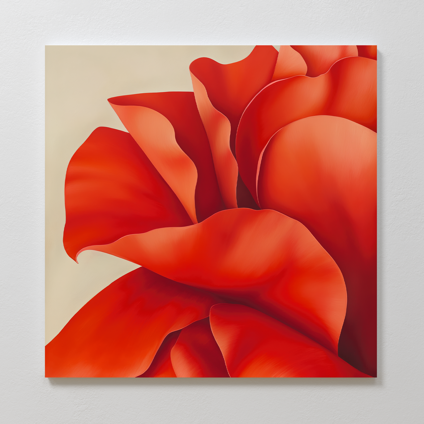 Red Elegance Abstract Canvas Art features a close-up of vibrant red petals overlapping on a beige background, displayed on a white wall—ideal minimalist wall art for stylish living room decor.