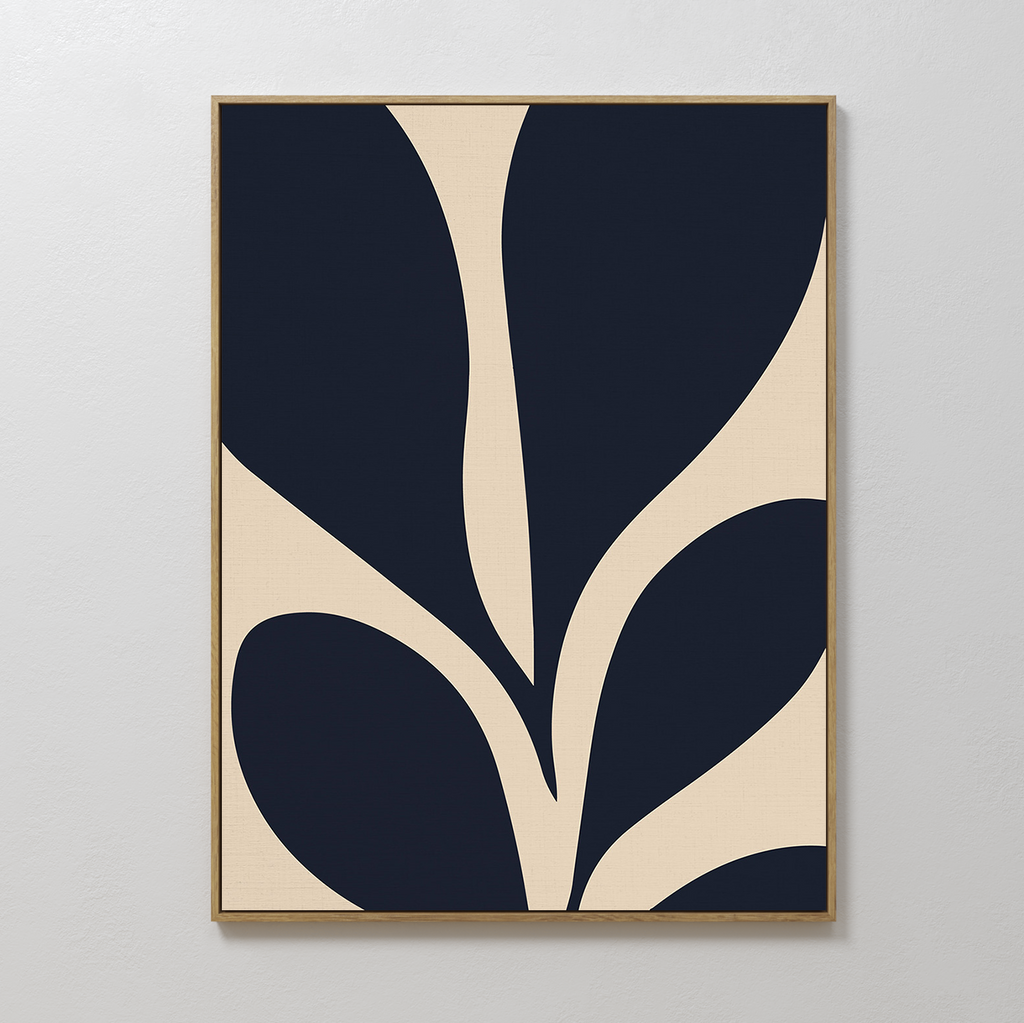 Botanical Ink Abstract Canvas Art showcases large, organic navy blue leaf shapes on a beige background with a simple wood frame—an ideal minimalist piece to elevate your living room decor.