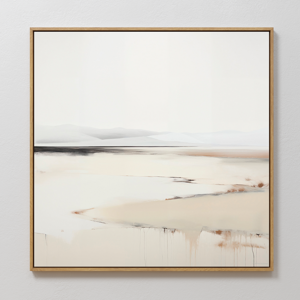 The Quiet Valley Abstract Canvas Art features soft beige and white tones with subtle mountains and abstract textures. Framed in thin wood, it’s ideal living room decor for adding a serene, minimalist touch.