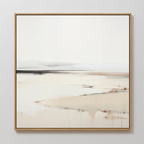 The Quiet Valley Abstract Canvas Art features soft beige and white tones with subtle mountains and abstract textures. Framed in thin wood, it’s ideal living room decor for adding a serene, minimalist touch.
