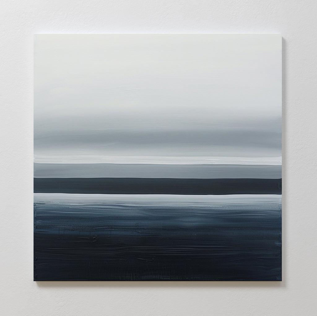 Oceanic Blur Abstract Canvas Art features horizontal bands of white, gray, and dark blue, creating a soft minimalist seascape—ideal coastal-inspired wall art for living room decor when mounted on a plain white wall.