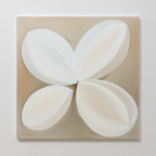 The Clover Harmony Abstract Canvas Art features four overlapping white petals on a beige background, creating a soft, organic design ideal for modern living room decor with its calming palette and minimalist style.