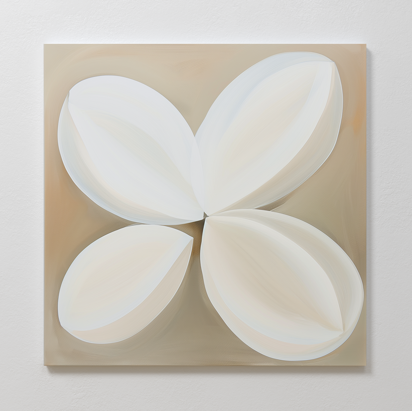 The Clover Harmony Abstract Canvas Art features four overlapping white petals on a beige background, creating a soft, organic design ideal for modern living room decor with its calming palette and minimalist style.