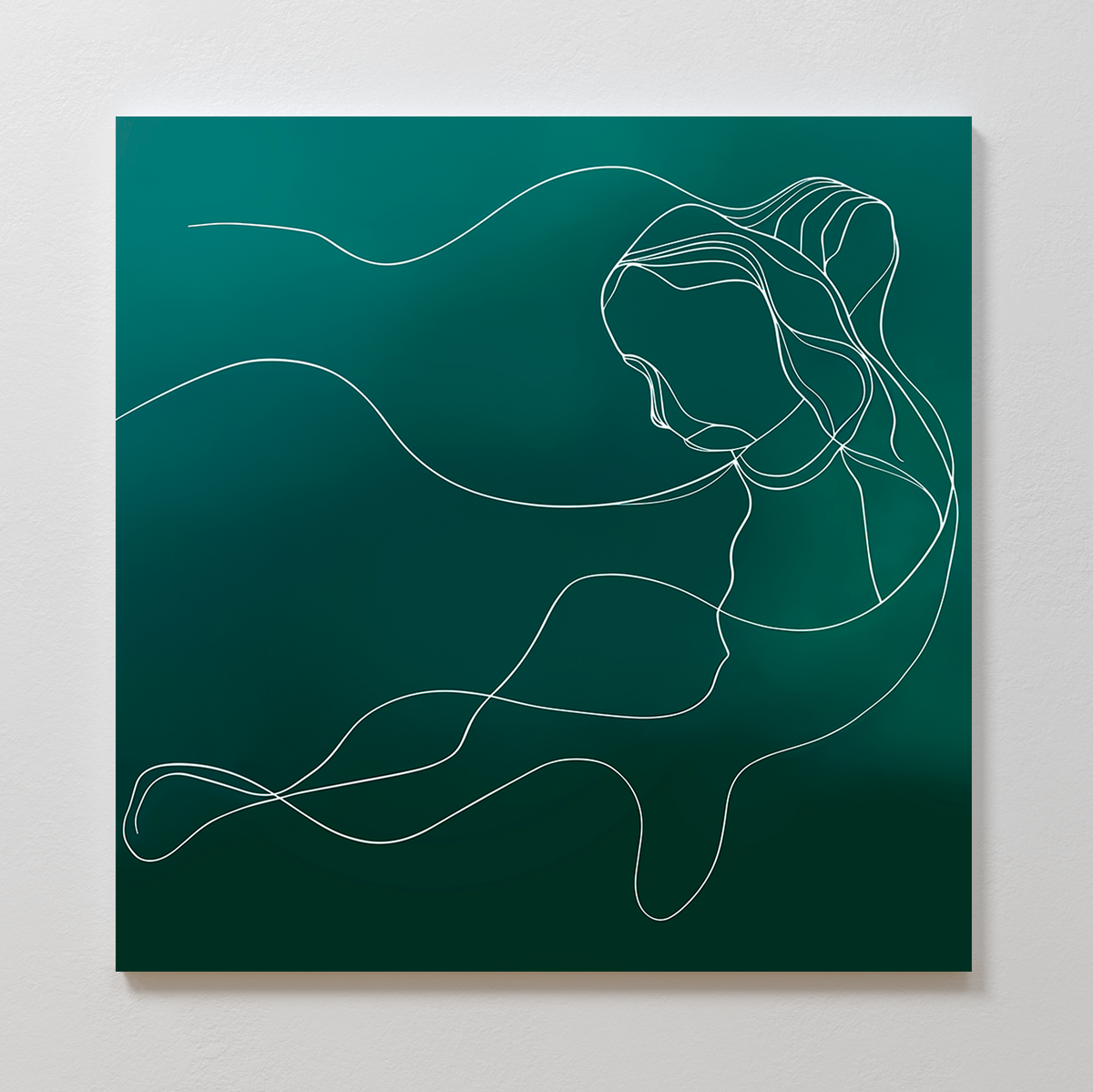 Azure Silhouette Abstract Canvas Art features minimalist line art of a woman with flowing hair, outlined in white on a gradient green background. Ideal wall decor, its abstract lines add calm and fluidity to modern spaces.