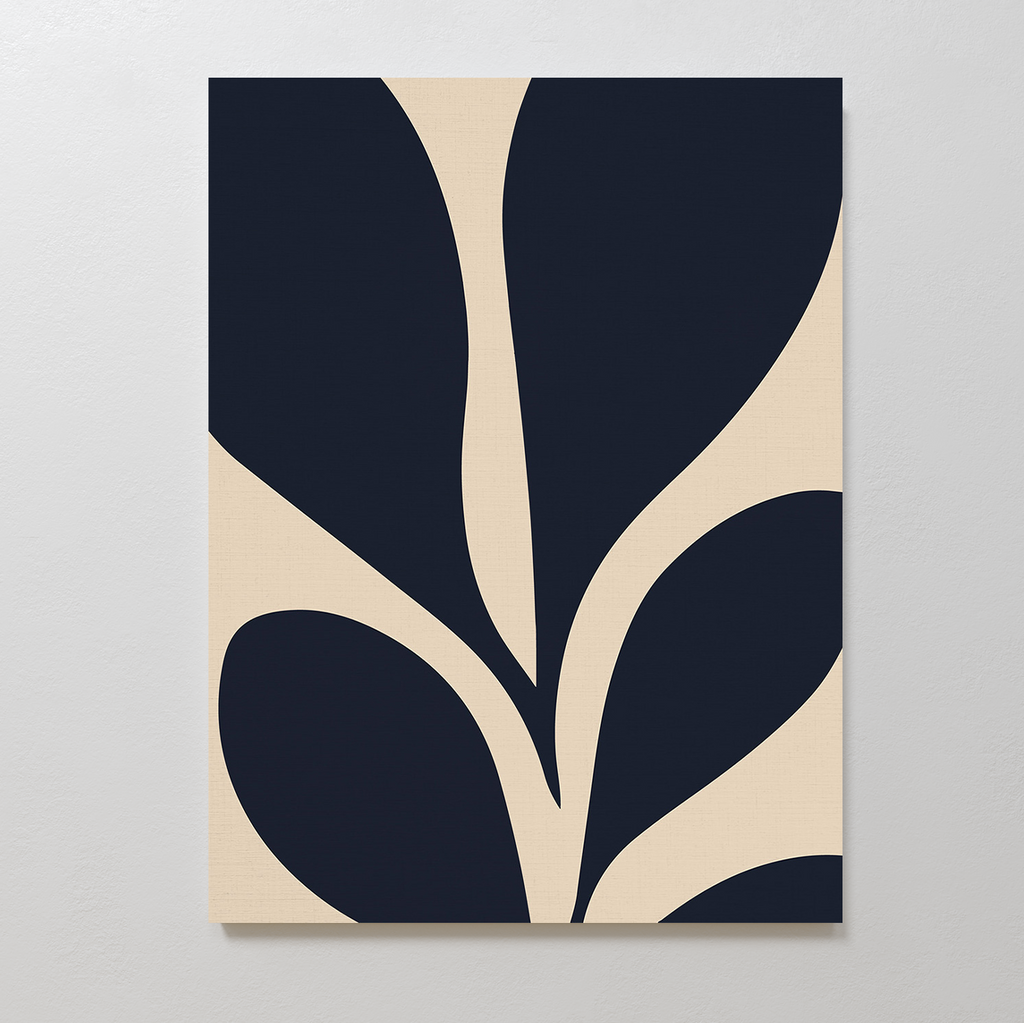 Botanical Ink Abstract Canvas Art showcases bold, dark navy organic shapes on a beige background—ideal minimalist wall art for living room decor.