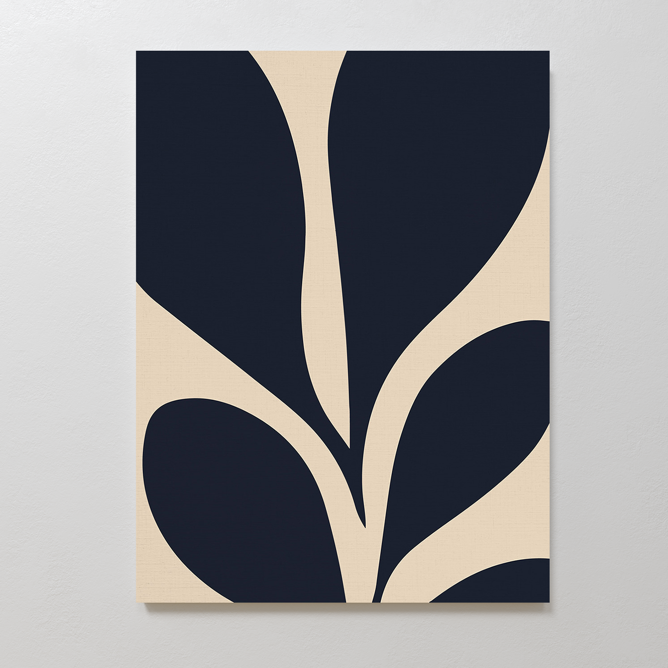Botanical Ink Abstract Canvas Art showcases bold, dark navy organic shapes on a beige background—ideal minimalist wall art for living room decor.