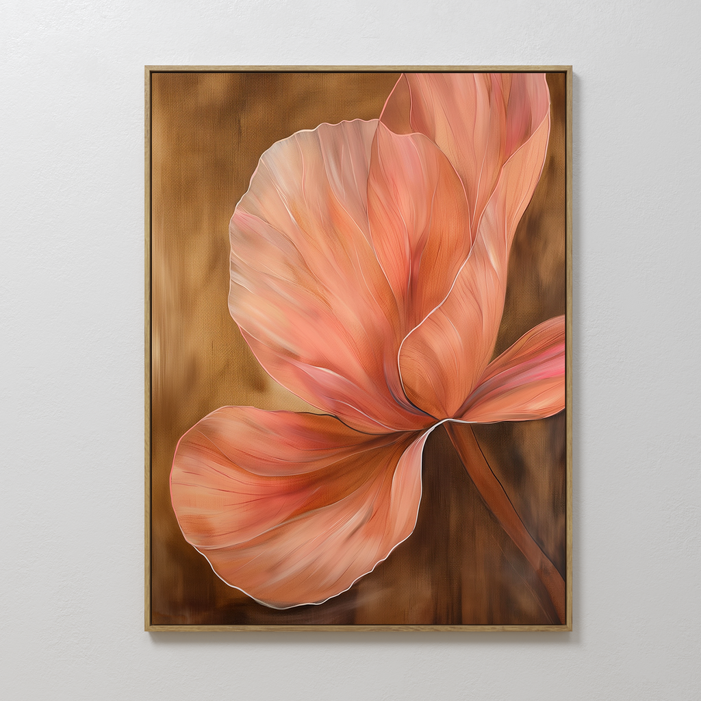 Blush Petals Abstract Canvas Art features a large, single flower with soft pink and orange petals on a warm brown background—an ideal minimalist wall art piece for enhancing your living room decor.