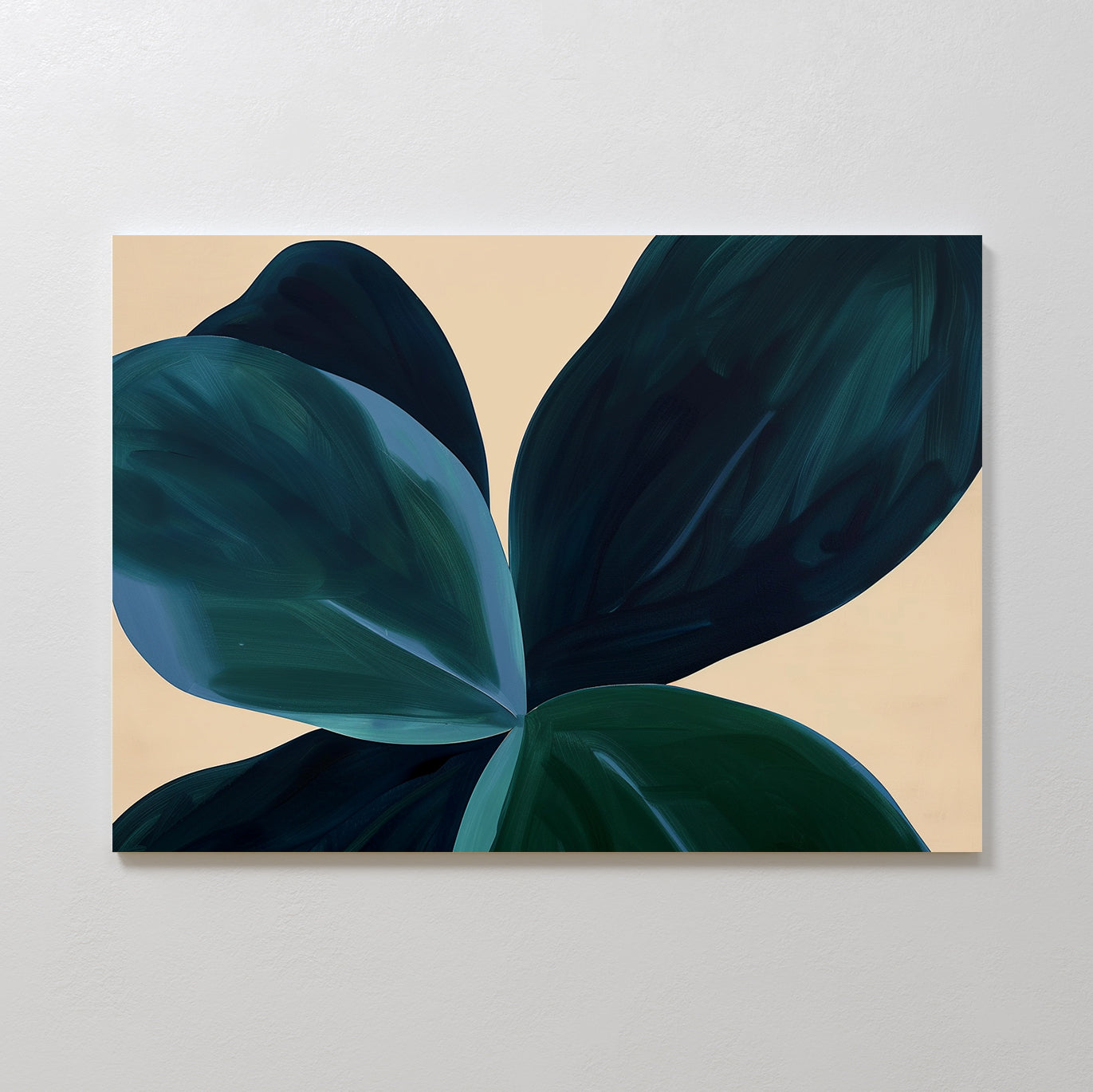 Deep Navy Abstract Canvas Art—an elegant, minimalist piece featuring bold shapes in deep navy tones on a light beige background. Ideal for modern living room decor or as striking minimalist wall art.