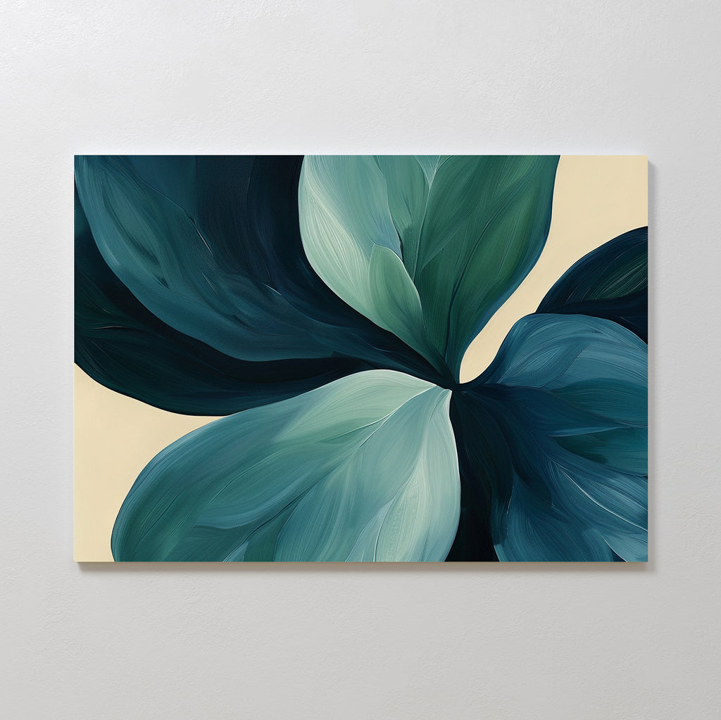 The Lush Teal Foliage Abstract Canvas Art showcases sweeping green and blue leaf patterns on a light beige background, bringing modern and organic style to your living room décor.