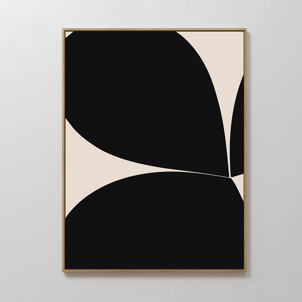 Black Botanical Abstract Canvas Art in a wooden frame features bold black curves on a beige background, forming striking geometric patterns—ideal for adding modern style to your space.