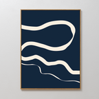 Blue Tranquility Abstract Canvas Art features a dark blue backdrop with three wavy cream lines, creating striking minimalist wall decor. Its modern design is perfect for displaying in the living room, especially on a light-colored wall.