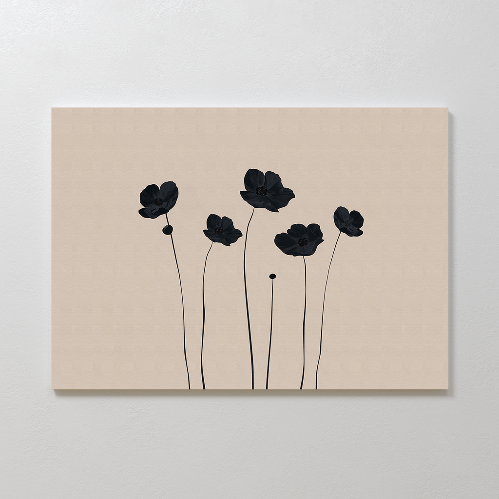 Botanic Abstract Canvas Art features six black, delicate flowers with long stems on a beige background—an ideal minimalist wall decor piece to elevate any modern space.