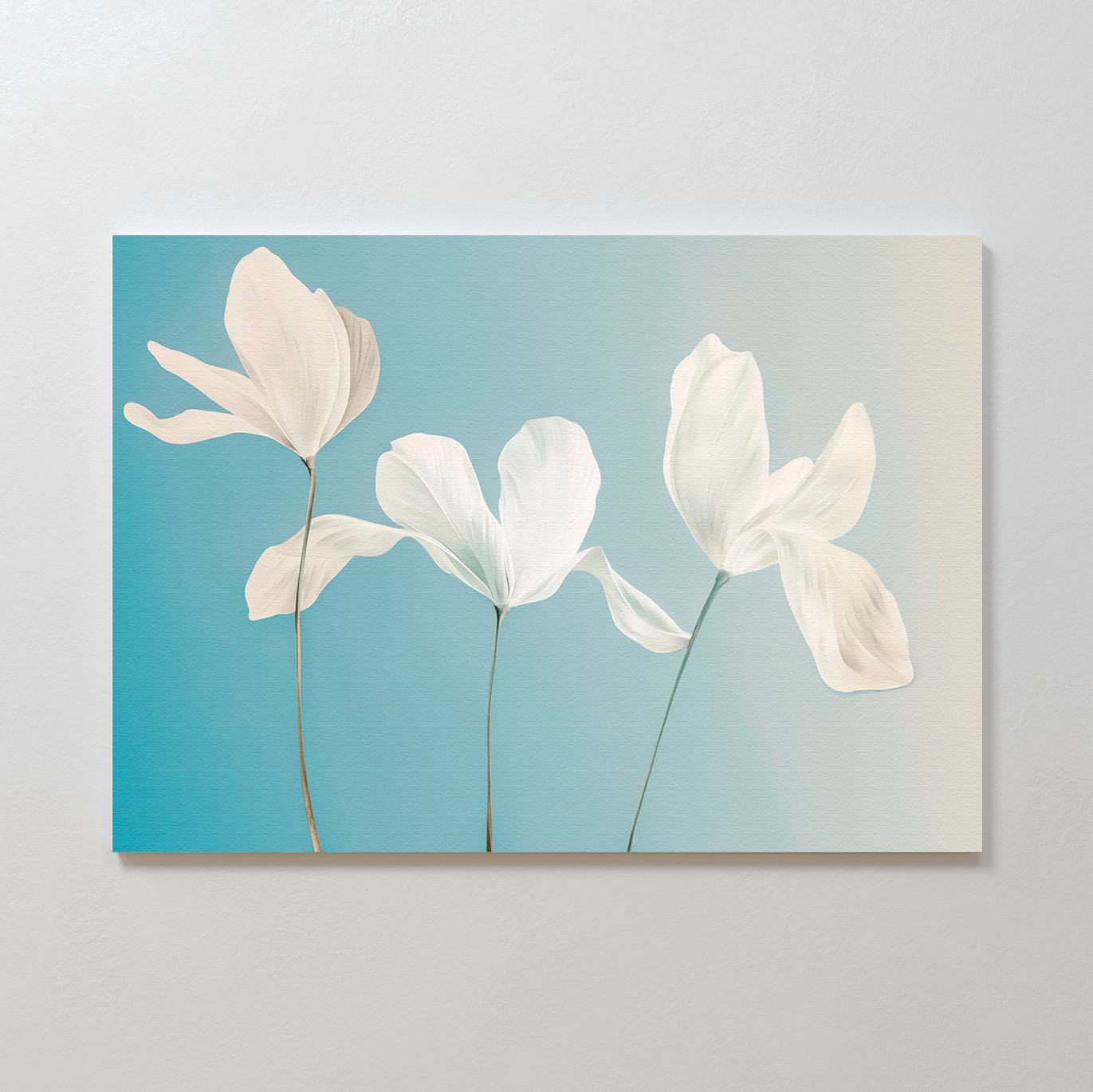 Enhance your living room with the Stellar Flora Abstract Canvas Art—minimalist wall decor featuring three delicate white flowers with thin stems on a gradient blue to beige background.