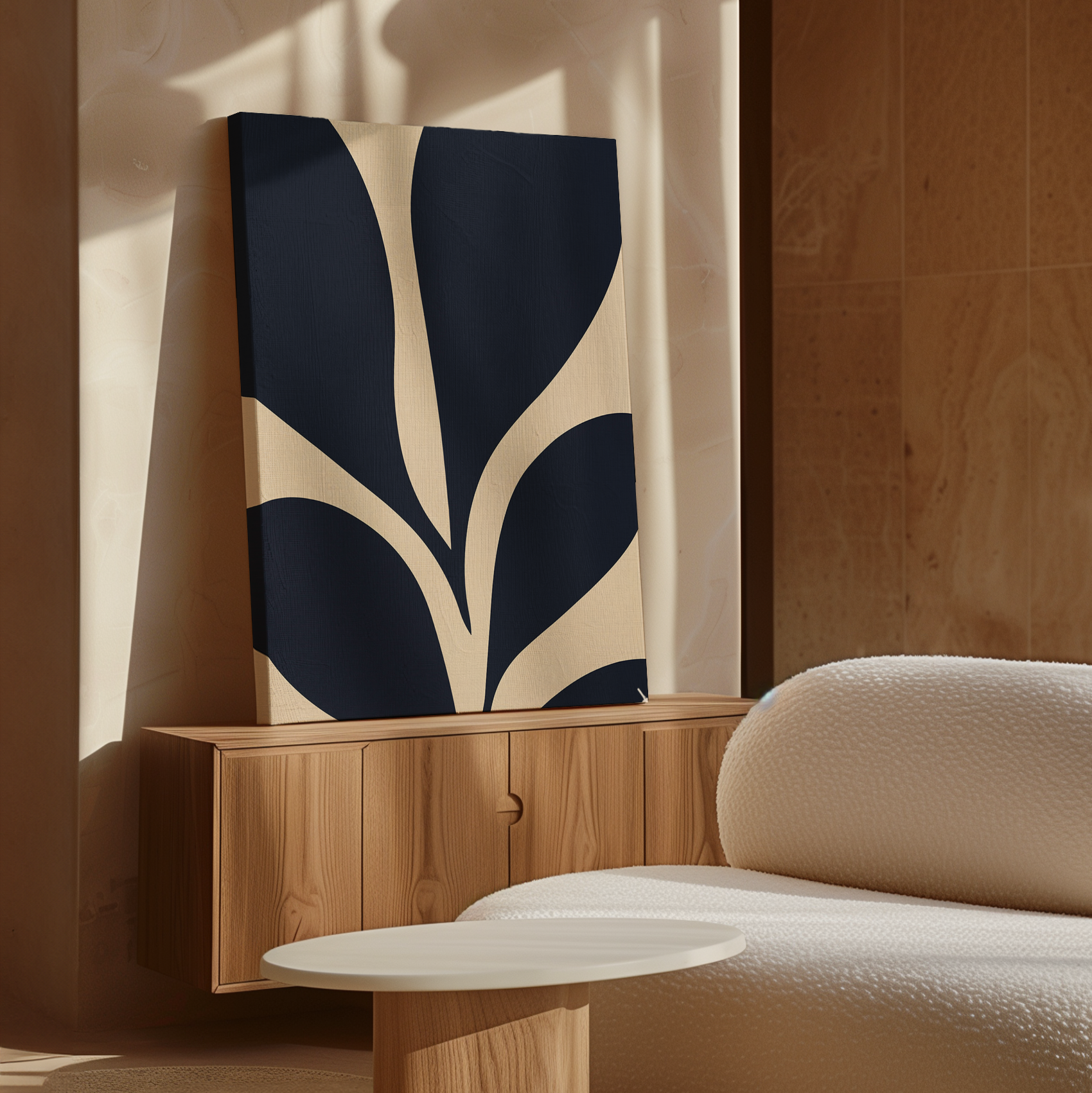 The Botanical Ink Abstract Canvas Art, featuring bold black shapes on a beige background, rests on a wooden sideboard and elevates the neutral tones, textured white sofa, and soft natural light in the living room.