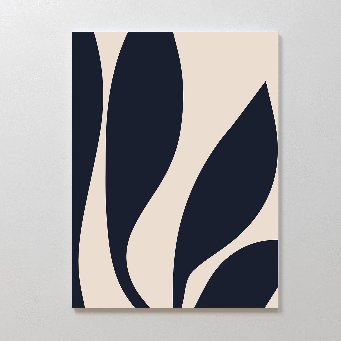 Dark Blue Leaves Abstract Canvas Art features bold navy organic shapes on a light beige background, resembling stylized leaves or waves, adding modern elegance to any plain white wall.
