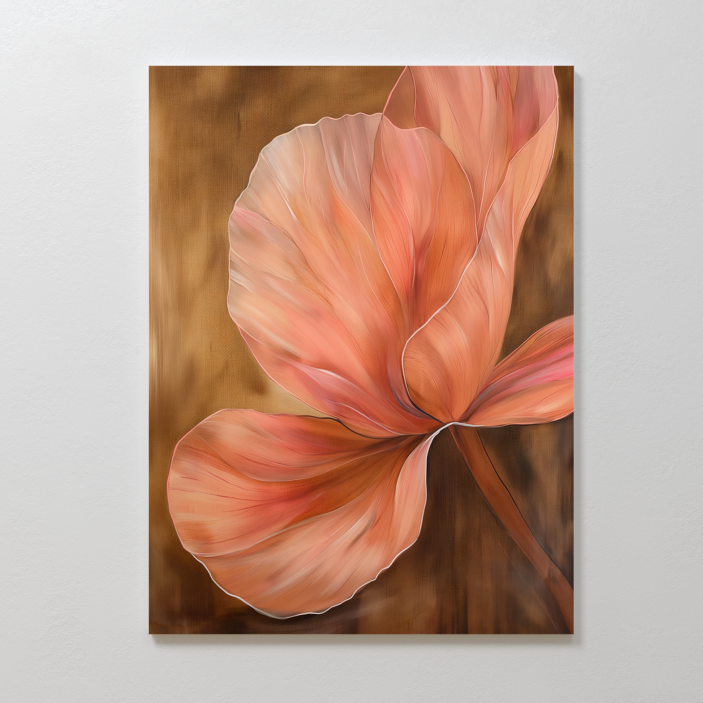 Blush Petals Abstract Canvas Art features a single abstract flower with large pink, peach, and orange petals on a brown background—ideal minimalist or modern wall art for stylish living room decor.