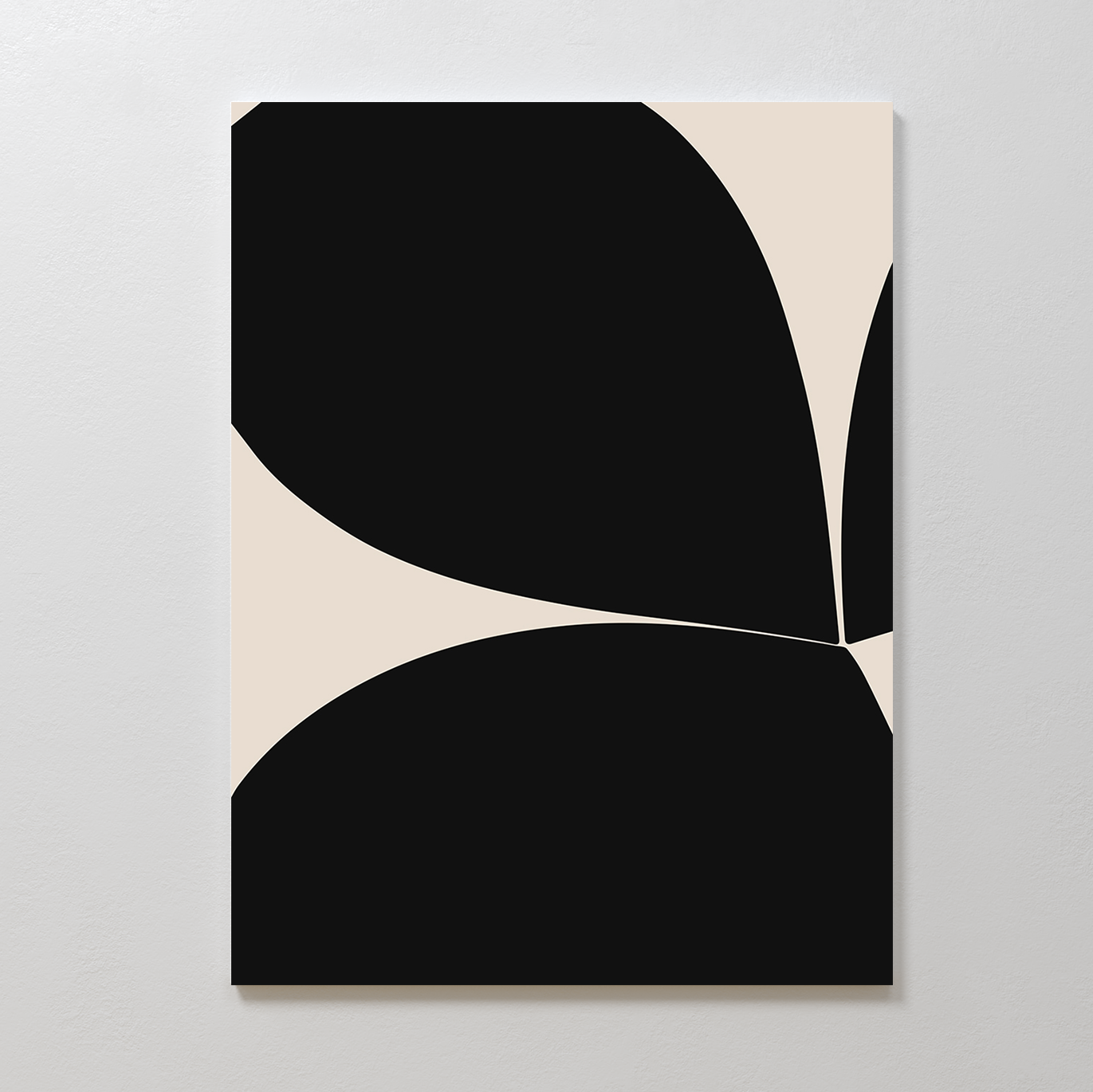 Black Botanical Abstract Canvas Art features bold, curved black shapes intersecting on a beige background, creating a striking modern geometric design. Displayed on a white wall, this piece adds minimalist sophistication to your space.