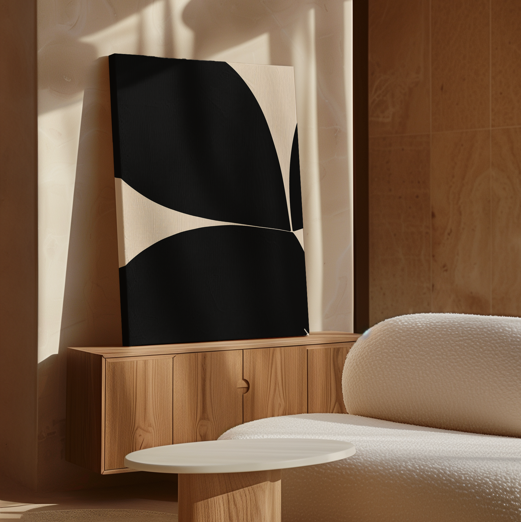 The Black Botanical Abstract Canvas Art rests on a light wooden cabinet in a sleek room with beige walls, a textured white sofa, and a round white table, as sunlight casts soft shadows across the scene.