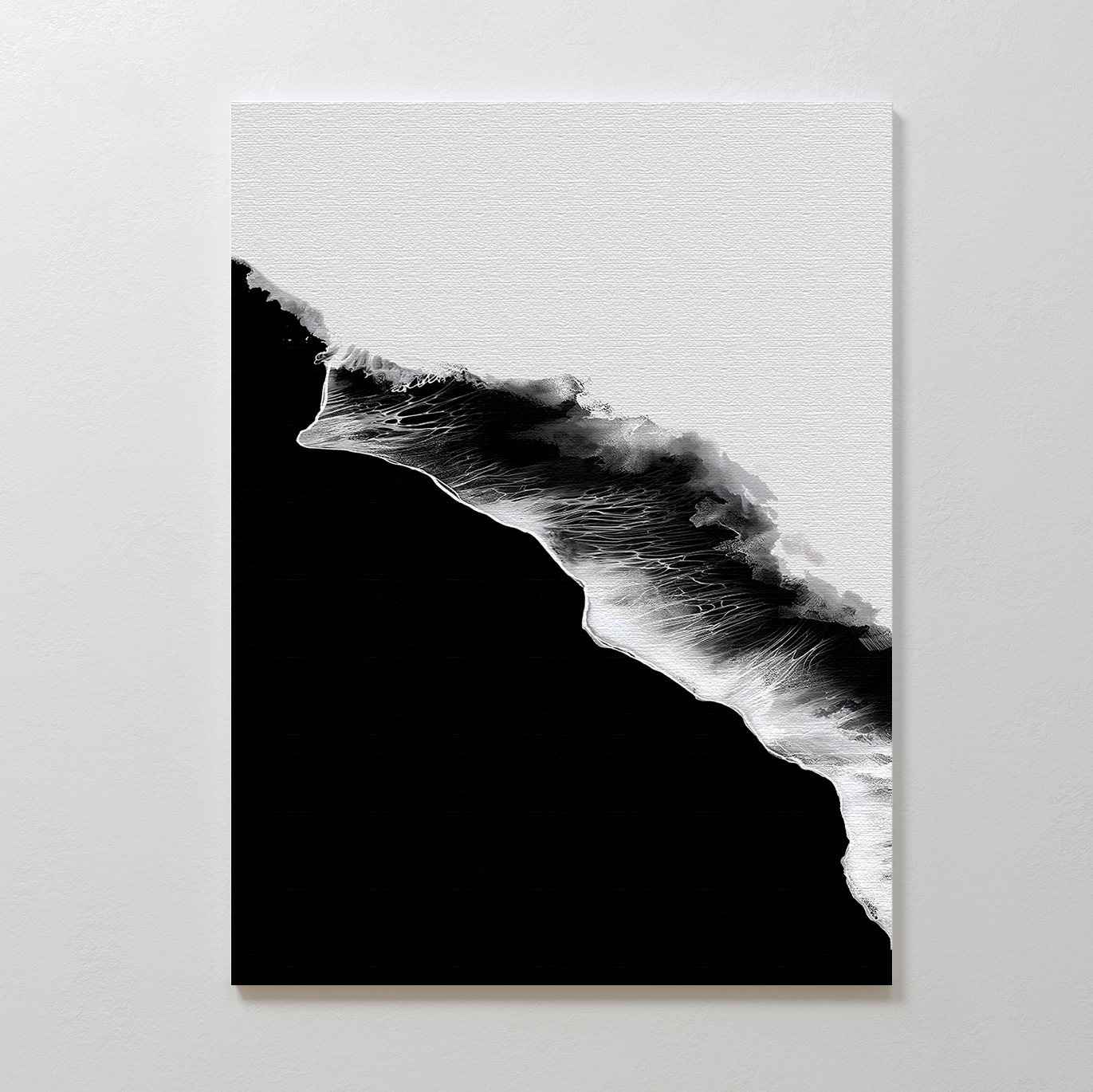 The Black Ocean Abstract Canvas Art features a bold diagonal wave pattern in black and white, with textured brush strokes for dynamic contrast—a striking minimalist statement piece on a large, white-mounted canvas.
