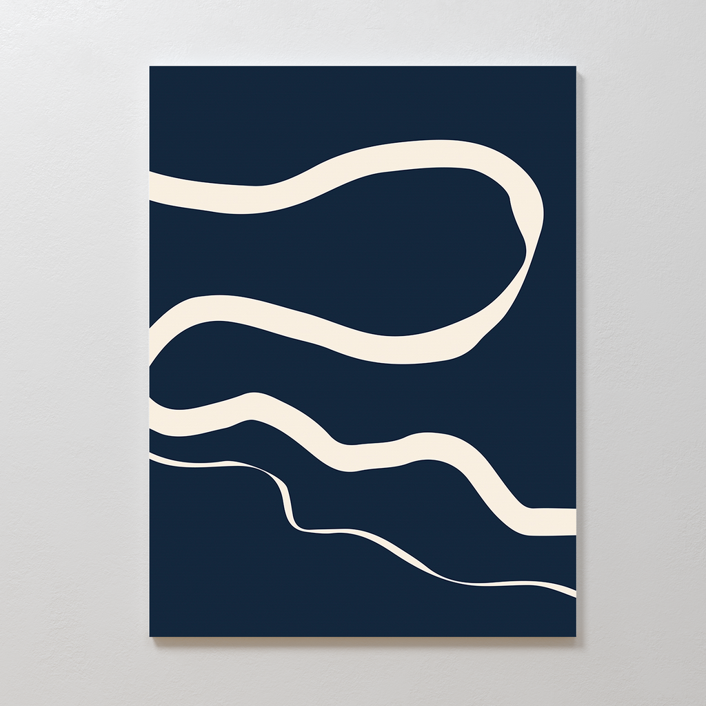 Blue Tranquility Abstract Canvas Art features three wavy cream lines on a dark navy blue background, offering subtle elegance and minimalist style—perfect for enhancing your living room decor.