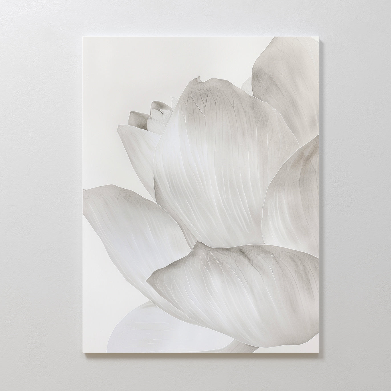 The White Blossom Abstract Canvas Art features a minimalist design with a large flower in soft grey and white tones—ideal monochrome wall decor for modern living rooms.