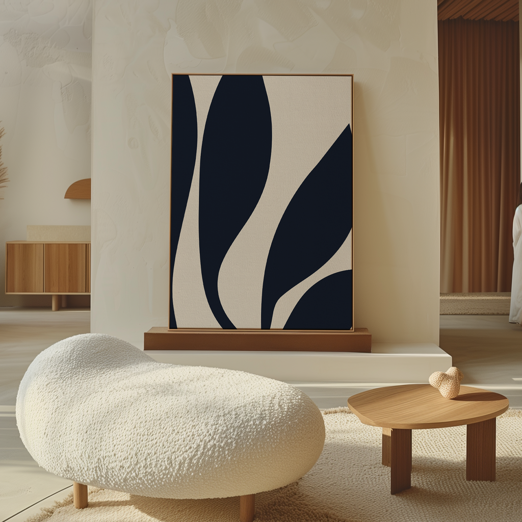 A modern living room features a textured white lounge chair, wooden coffee table, and the Dark Blue Leaves Abstract Canvas Art on a beige sculpted wall. Warm lighting enhances the cozy space and highlights its modern elegance.