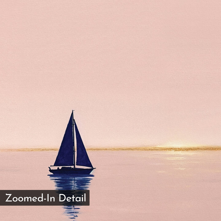 Rose Harbor Canvas Art features a sailboat with dark blue sails on calm water at sunset under a pink sky. Minimalist and tranquil, this wall decor piece includes the text “Zoomed-In Detail” and highlights gentle colors and reflective details.