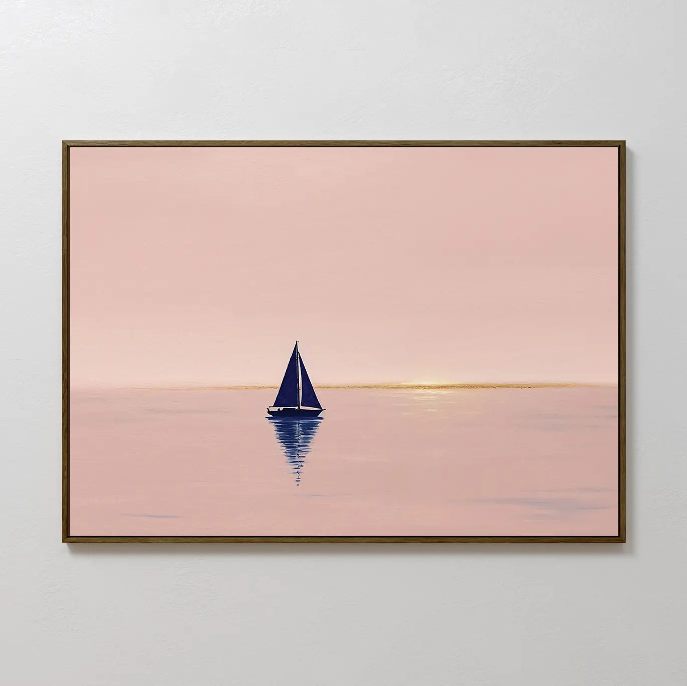 The Rose Harbor Canvas Art features a solitary sailboat with a dark blue sail on pink-tinted water under a pastel sky, reflecting a golden horizon—an ideal piece of minimalist wall art for modern living room decor.