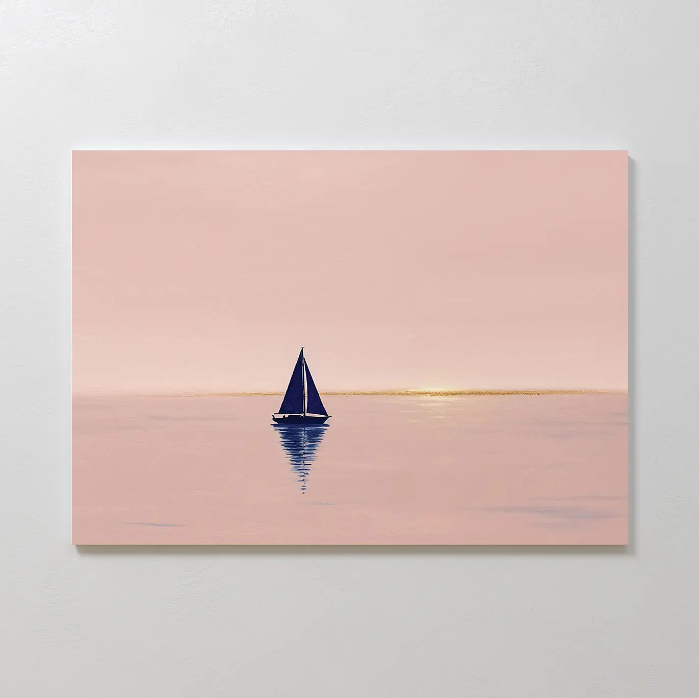 Rose Harbor Canvas Art features a minimalist sailboat with a dark sail on calm, pink water and a golden horizon—ideal calming wall art for modern living rooms, with soft reflections that amplify its tranquil style.