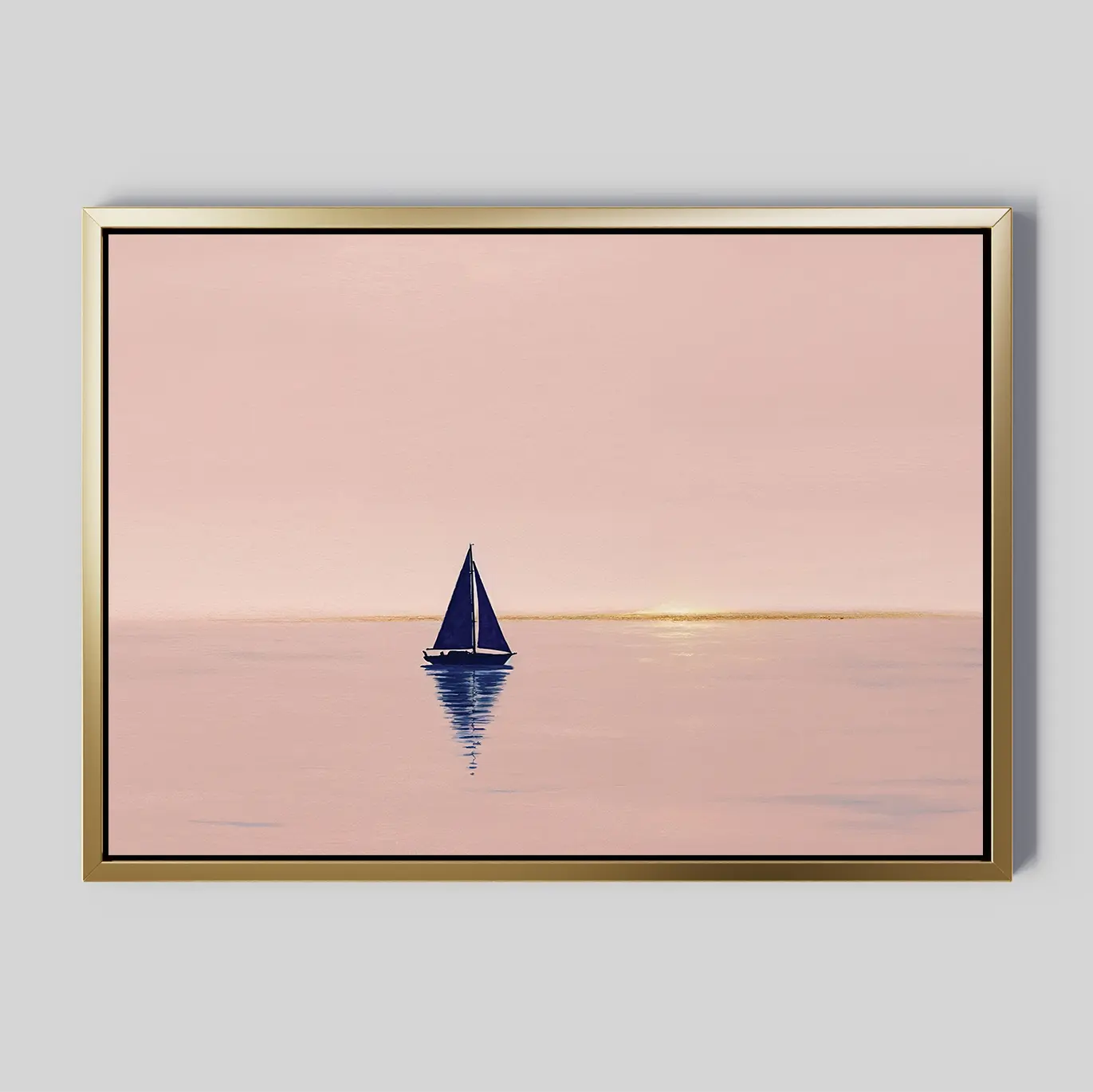 The Rose Harbor Canvas Art features a lone sailboat with a dark sail on tranquil, pink water beneath a pastel sky and golden horizon—ideal as calming wall art for modern living room decor.