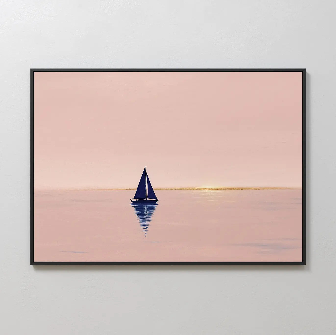 Rose Harbor Canvas Art features a framed painting of a lone sailboat with a dark blue sail on pink-hued water beneath a pastel sky, adding calming modern wall art to your living room or minimalist home decor.
