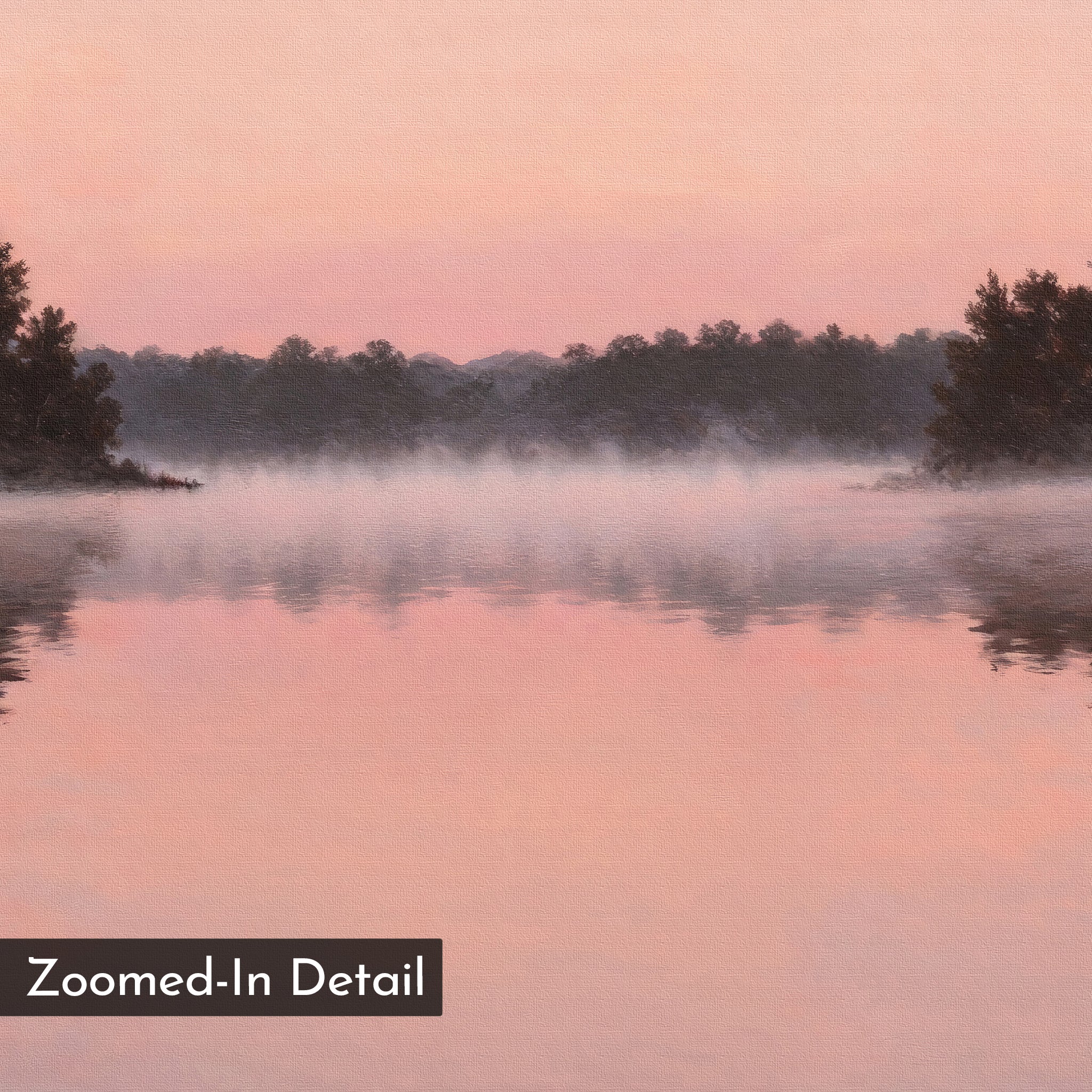 A serene sunrise at Rose Lake reflects pink and purple over calm water, mist floating above, and trees silhouetted behind. Ideal as Rose Lake Canvas Art for your wall, with a corner label reading "Zoomed-In Detail.