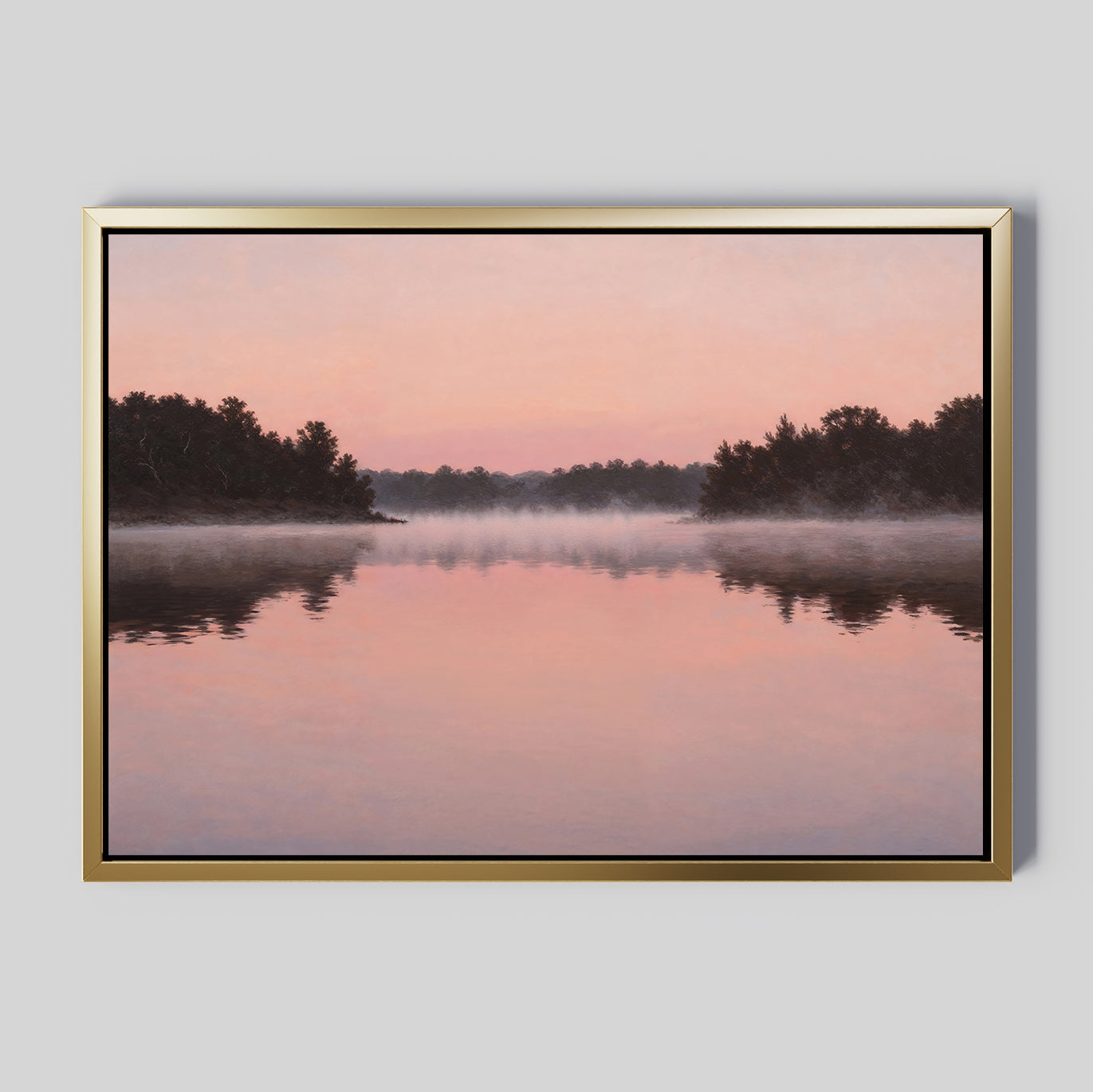 Rose Lake Canvas Art showcases a tranquil lake at sunset with pink and orange reflections, misty water, and silhouetted trees—an ideal minimalist piece for bedroom decor.
