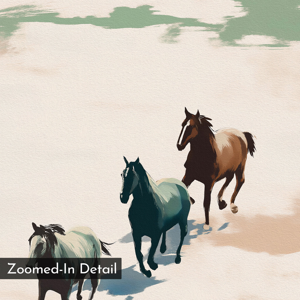 Three horses run across a light, sandy terrain with green and brown shadows. The painted, textured effect makes Running Free Canvas Art perfect for horse wall art or minimalist wall decor. "Zoomed-In Detail" appears in the bottom left corner.