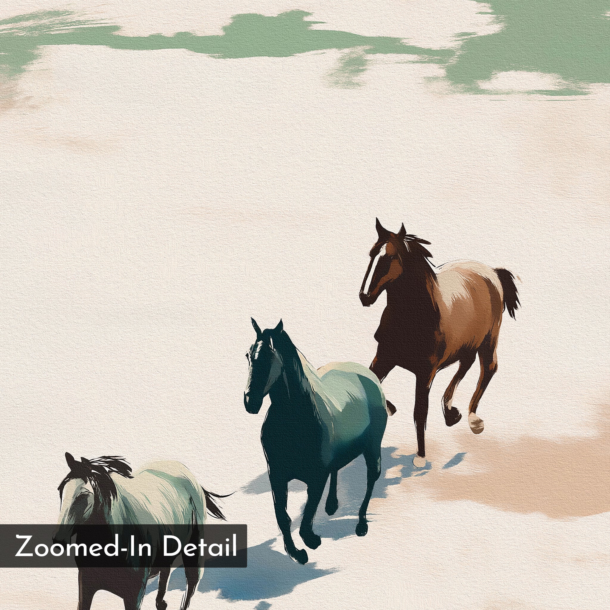 Three horses run across a light, sandy terrain with green and brown shadows. The painted, textured effect makes Running Free Canvas Art perfect for horse wall art or minimalist wall decor. "Zoomed-In Detail" appears in the bottom left corner.