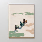 The Running Free Canvas Art features three horses galloping side by side over sandy ground with green and brown patches, set against a light, neutral background in a minimalist style.