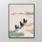 Running Free Canvas Art: Three horses run across an abstract sandy landscape with green and brown accents, bringing a touch of minimalism to any space when hung on a white wall.