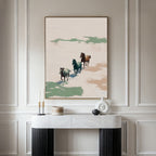 A modern living space featuring a marble console table, decorative objects, and the Running Free Canvas Art—a striking print of three horses running against a neutral background, ideal for minimalist décor enthusiasts.