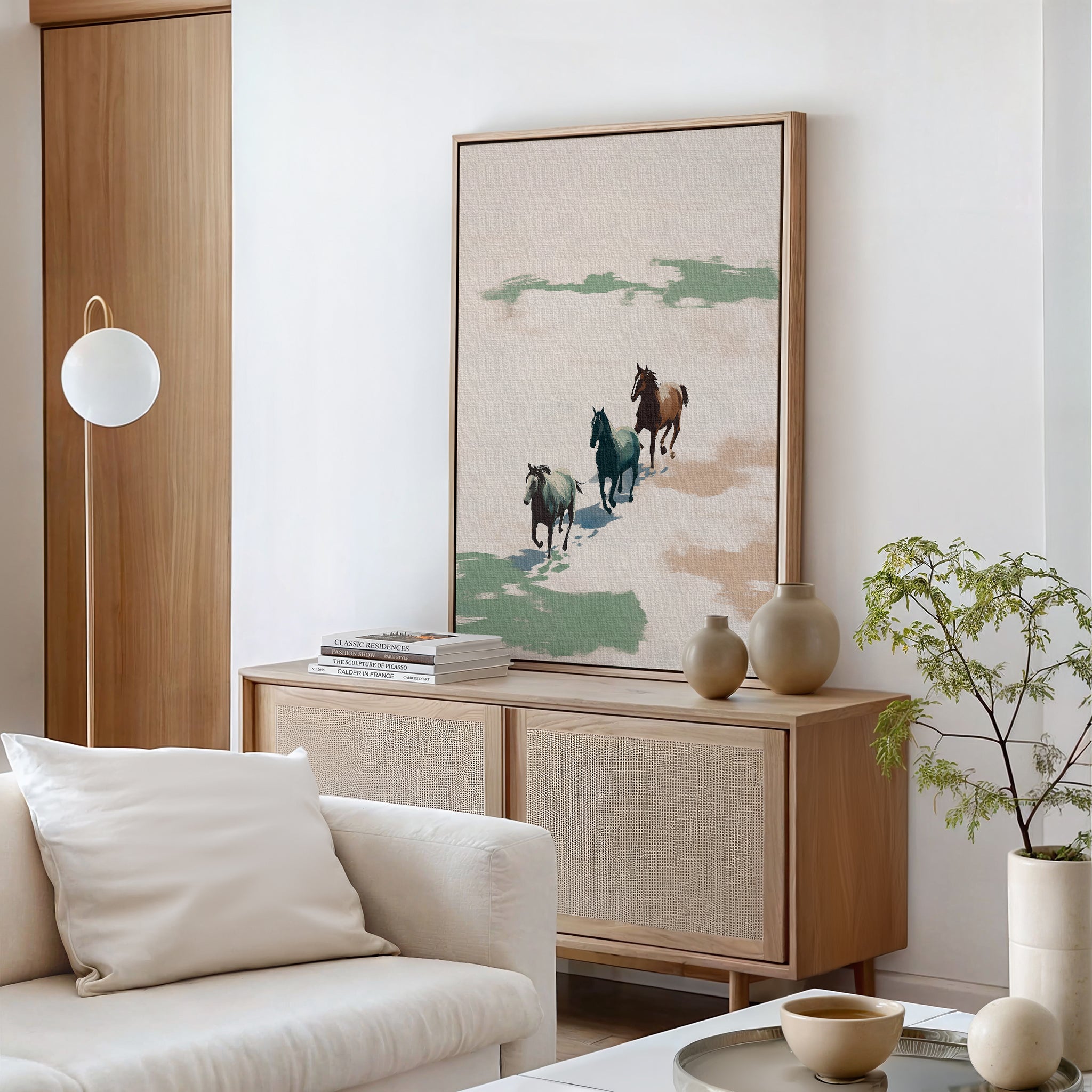 A minimal, modern living room boasts a light wood cabinet topped with the Running Free Canvas Art. A white sofa, neutral decor, a small plant, and ceramic pieces complete the calm and airy atmosphere.