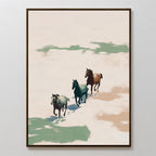 The Running Free Canvas Art showcases three horses in motion across an abstract sand landscape with green and brown accents, their long shadows and the minimal background adding a stylish, modern touch to any space.