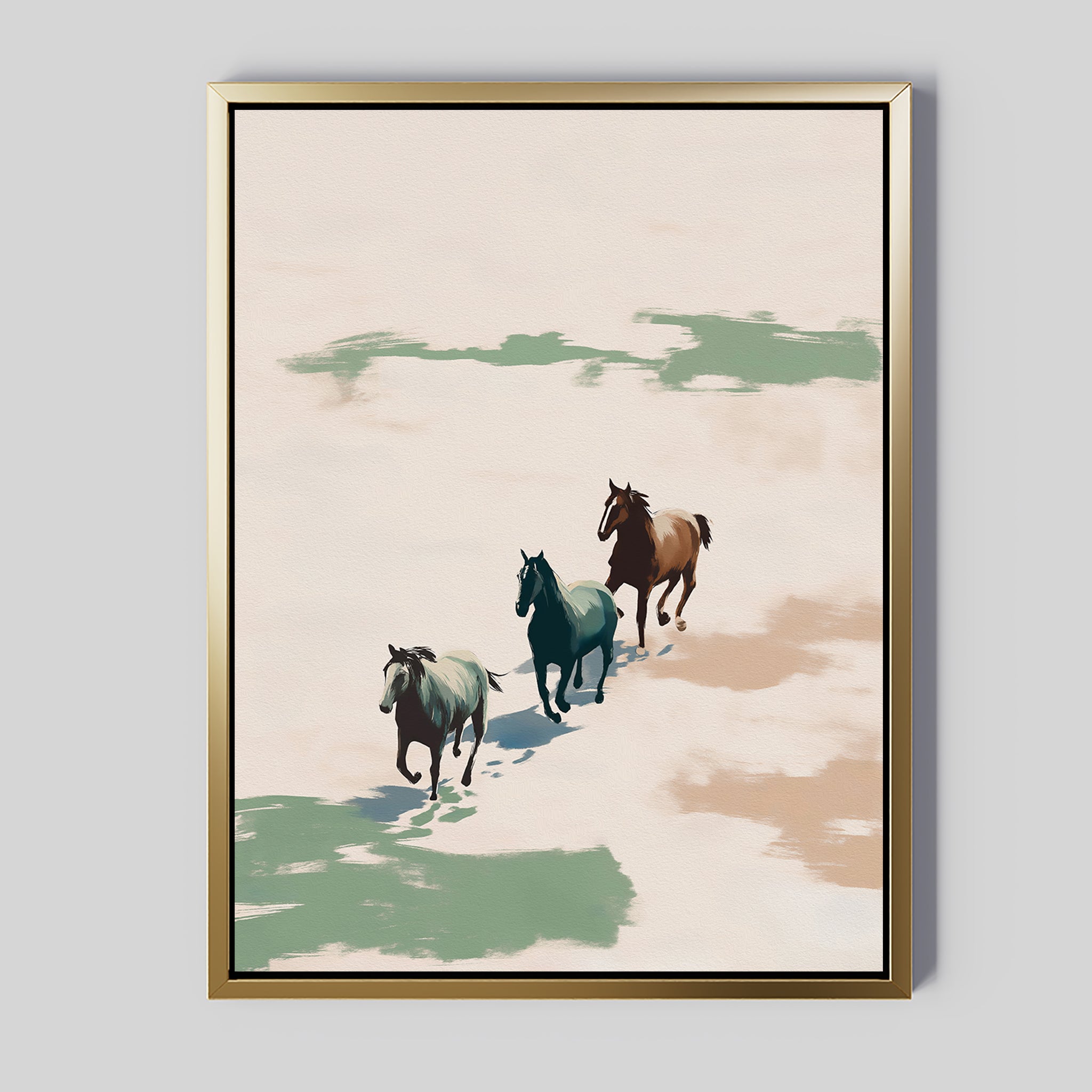 Bring minimalist elegance to your space with Running Free Canvas Art—a framed wall print showing three horses in motion, their stylized shadows and hints of green and brown set against a light background.