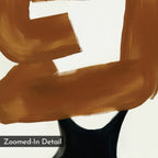 The Rustic Persona Canvas Art features thick brown brushstrokes curving around a black shape on a white background, with "Zoomed-In Detail" in the bottom left corner.