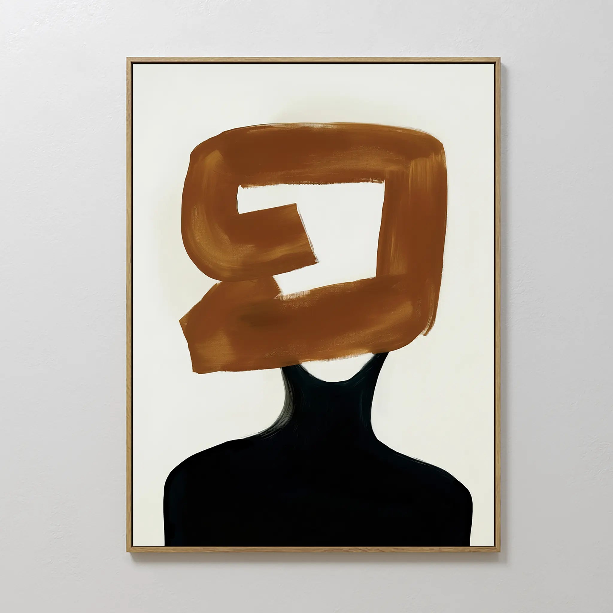 Rustic Persona Canvas Art displays a modern silhouette with a bold, abstract brown brushstroke over the head and face, set on a light background in a simple frame for a minimalistic touch.