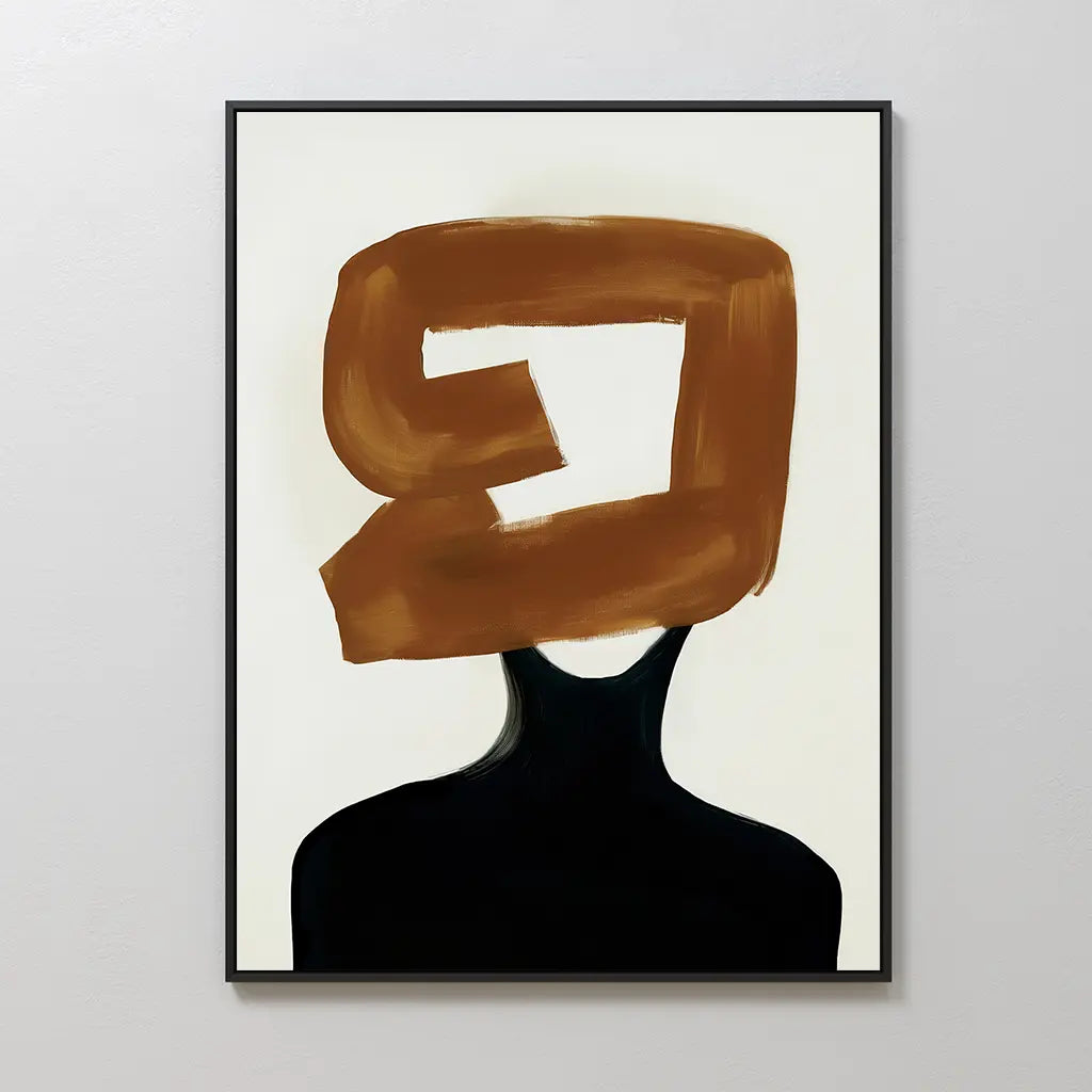The Rustic Persona Canvas Art showcases a modern silhouette with the face hidden by an abstract brown brushstroke on a white background, framed and ready to hang for a minimalist touch.