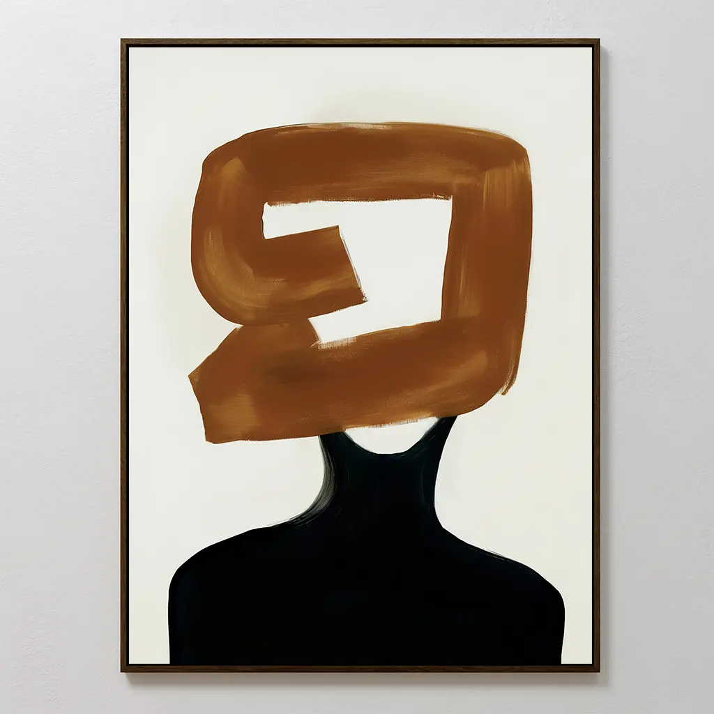 The Rustic Persona Canvas Art features a minimalist black silhouette with a bold brown brushstroke head on a white background in a thin frame—ideal as striking abstract wall décor.