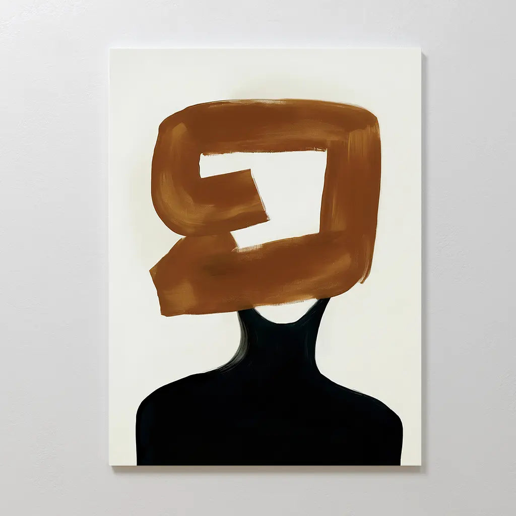 The Rustic Persona Canvas Art showcases a modern silhouette in a black turtleneck, its faceless form highlighted by an abstract brown brushstroke on white—ideal as minimalist, abstract wall art.